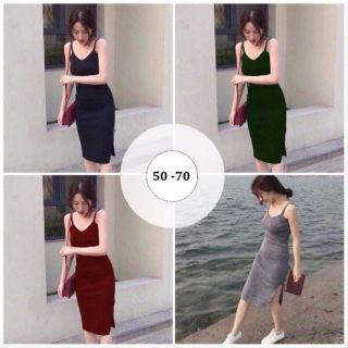 Đầm 2 Dây Cổ Tim Body Xẻ Dùi Vải Co Giãn Tốt