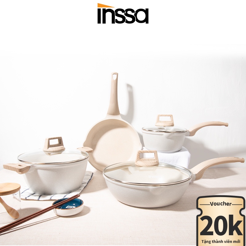 INSSA Bộ nồi chảo đá chống dính màu cream cao cấp INSSA chính hãng, dùng cho bếp từ, ga