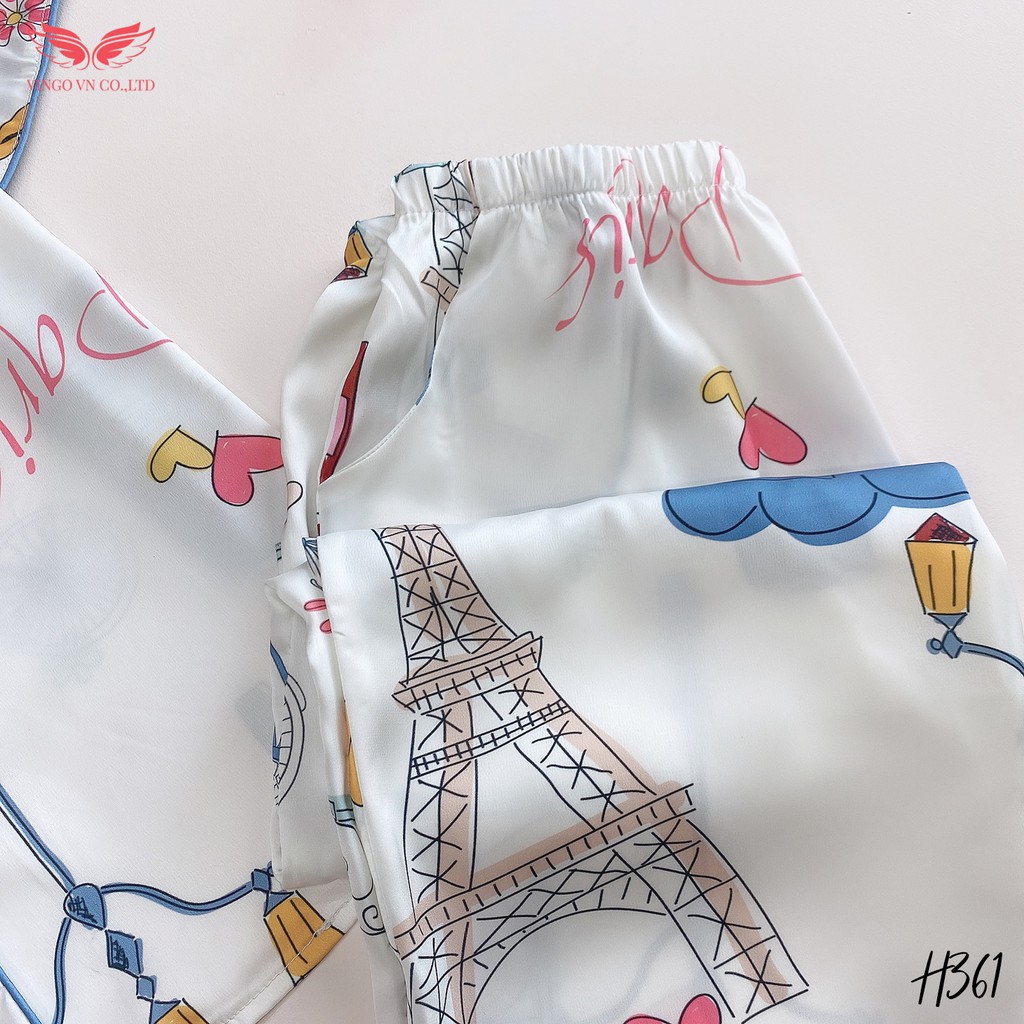 VINGO Bộ Đồ Ngủ Pijama Mặc Nhà Nữ Lụa Pháp Cao Cấp Tay Cộc Quần Lửng Họa Tiết Tháp Eiffel Paris Trắng H361 VNGO - TCQL
