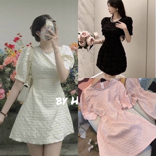 Đầm xốp khoet eo cổ đính cá màu đen trắng hồng xanh kem