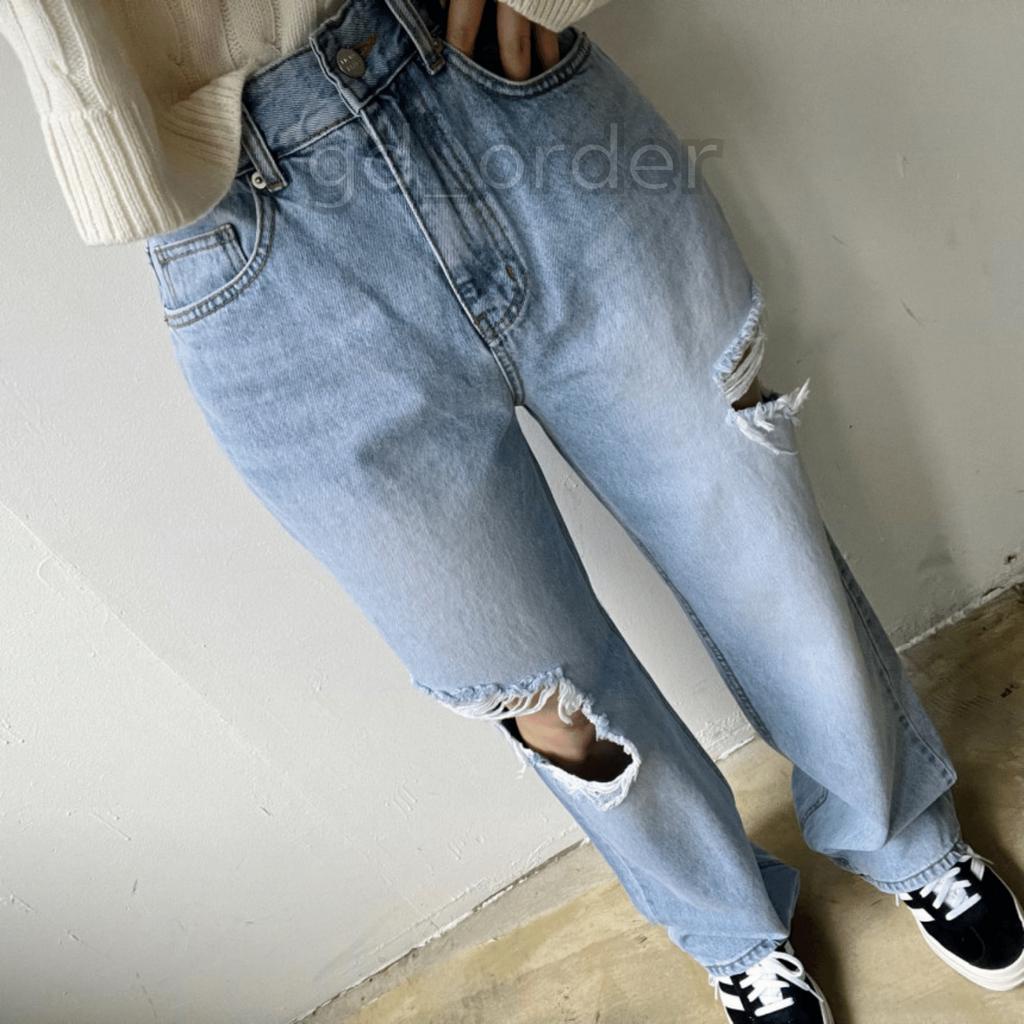 Q6|Quần jeans bò nữ ống rộng lưng cao rách gối hàn quốc basic dễ mặc đi học, đi chơi gd_order