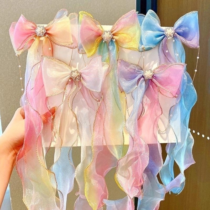 Kẹp Tóc Ruy Băng Lưới Thắt Nơ Cỡ Lớn Màu Cầu Vồng Gradient Dành Cho Bé Gái