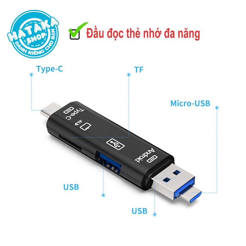 Đầu đọc thẻ nhớ đa năng dành cho điện thoại, máy tính, 3 cổng kết nối USB, MicroUSB, TYPE-C, 2 cổng dữ liệu USB, TF