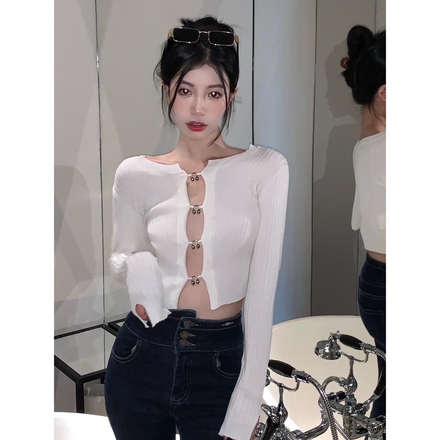 Áo Cardigan Dệt Kim Dáng Ngắn Thiết Kế Khoét Lỗ Thời Trang Quyến Rũ Cho Nữ