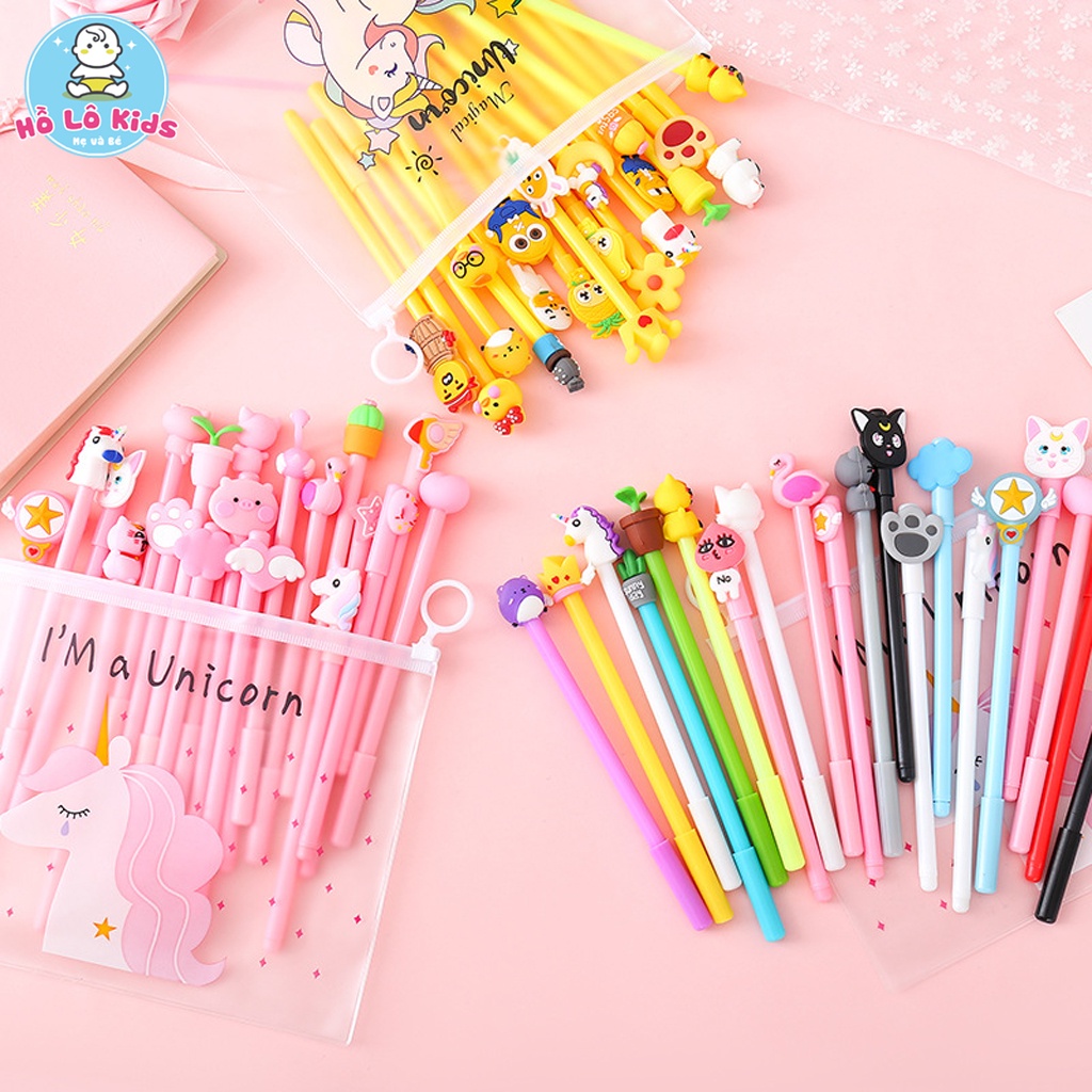 Set 20 bút bi cute mực nước mực xanh nhiều màu kèm túi Zip Hồ Lô Kids