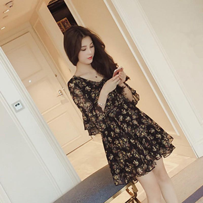 FREESHIP ĐƠN 99K_ Đầm Cổ Chữ V Hoạ Tiết Hoa Thiết Kế Thanh Lịch