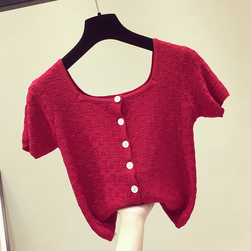 Áo thun dệt kim tay ngắn phối nút cho phái nữ