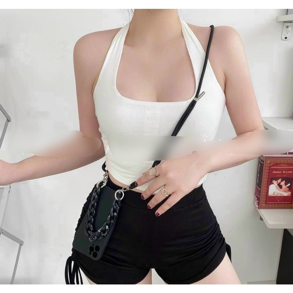 Set bộ tập gym áo yếm choàng cổ quần đùi rút dây 2 bên body LL