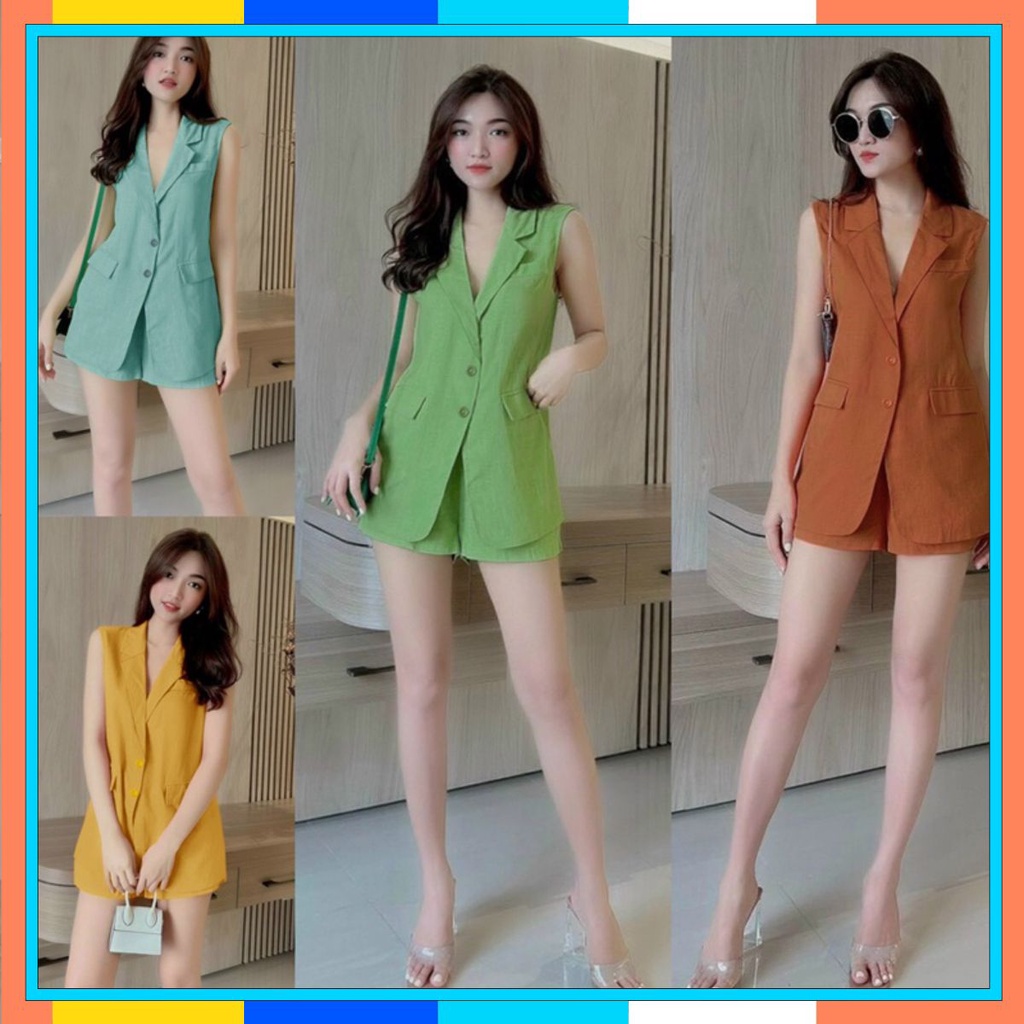 Set bộ 💝FREESHIP💝 áo cổ vest form dài 2 nắp túi quần short xinh xắn J1186