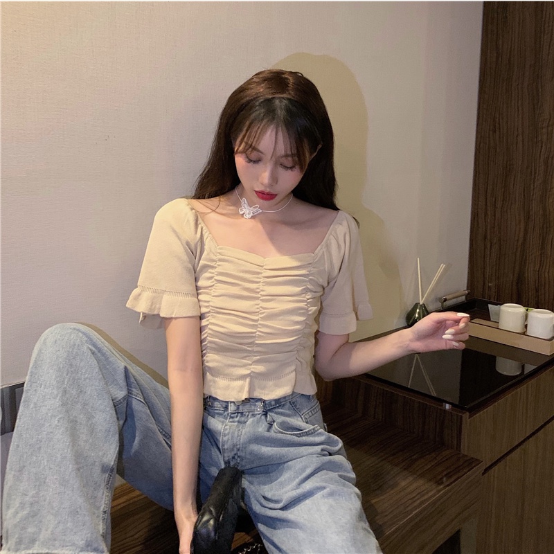 Áo kiểu ZHELIHANGFEI tay ngắn cổ vuông phong cách Pháp thời trang 2022 dành cho nữ