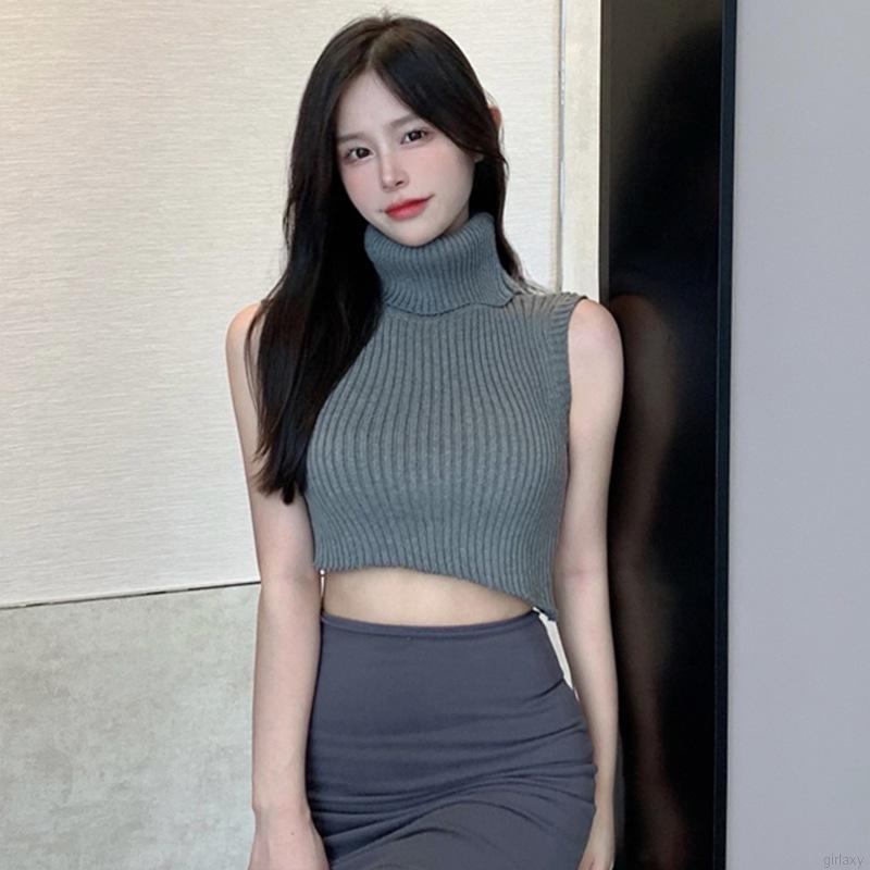 Áo Croptop Dệt Kim Không Tay Màu Sắc Đơn Giản Phong Cách Hàn Quốc Cho Nữ