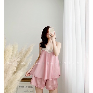 Bộ ngủ 2 dây lụa trơn cổ ren - màu hồng