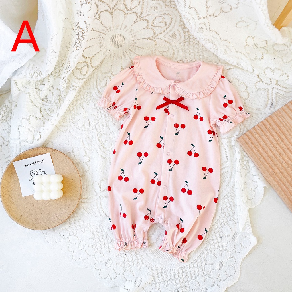Áo liền quần SANLUTOZ cotton tay ngắn in họa tiết quả cherry xinh xắn mùa hè dành cho bé gái
