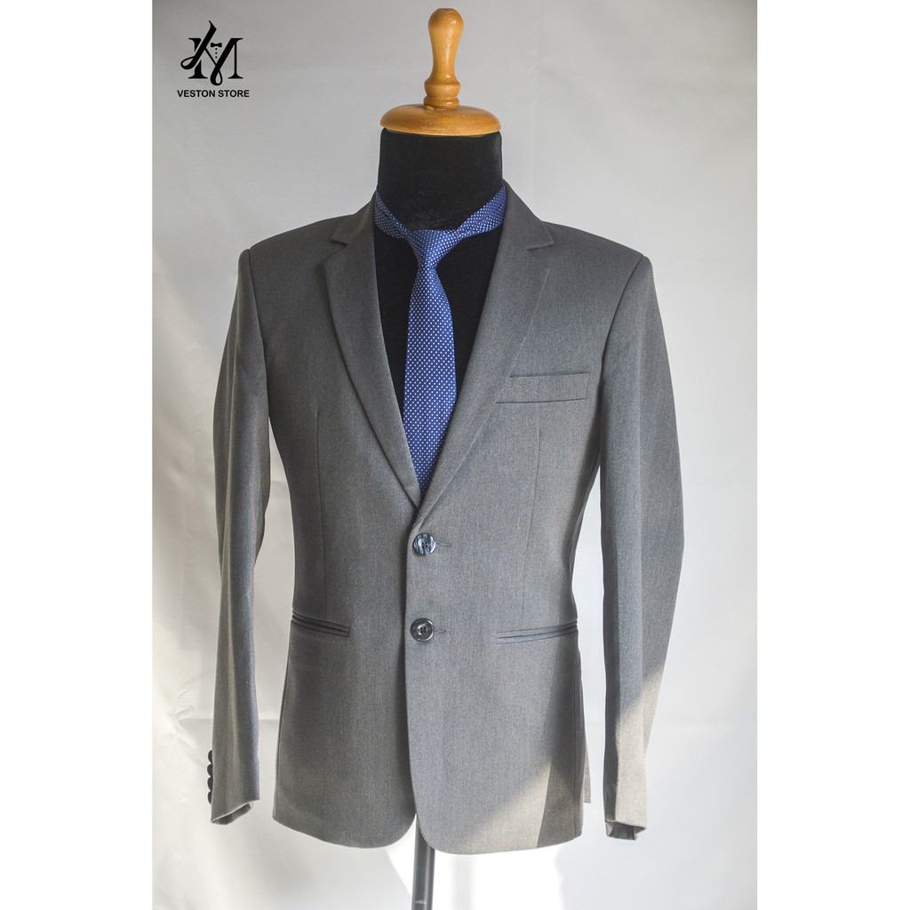 Bộ vest nam 2 nút màu xám đậm tặng kèm cà vạt và kẹp