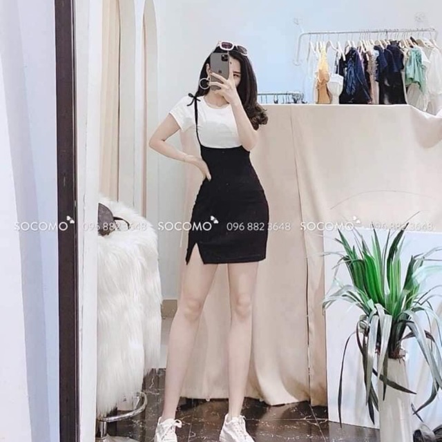 Set váy hai dây yếm xẻ  và áo phông kèm ảnh thật kho sỉ thu nguyên
