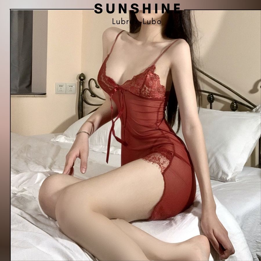 Sét Váy ngủ sexy kèm áo choàng voan xuyên thấu gợi cảm đỏ đô-SUNSHINE CT1083