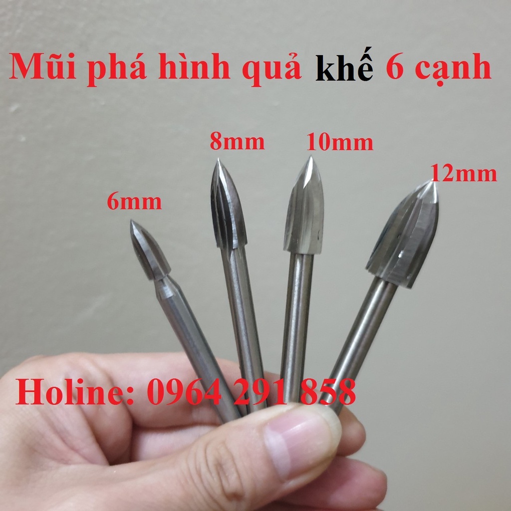 Mũi phá gỗ hình quả khế 6 cạnh trục 6mm làm điêu khắc gỗ lũa làm bon sai cực chuẩn luôn