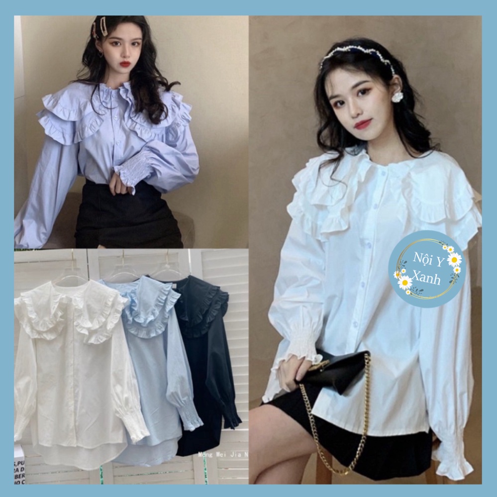 Áo sơ mi cổ bèo tiểu thư tay phồng mầu trắng, babydoll ulzzang mềm nội y xanh