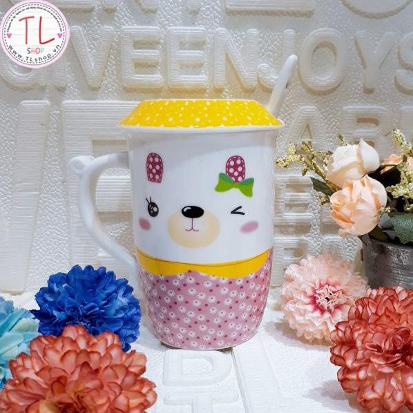 Ly sứ hình bé mèo xinh xắn có nắp đậy và muỗng - Ly uống cà phê - Cốc uống cà phê - Ly uống nước