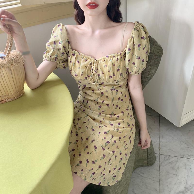 Đầm Tay Ngắn Cổ Vuông Họa Tiết Hoa Xinh Xắn Phong Cách Retro Hàn Quốc