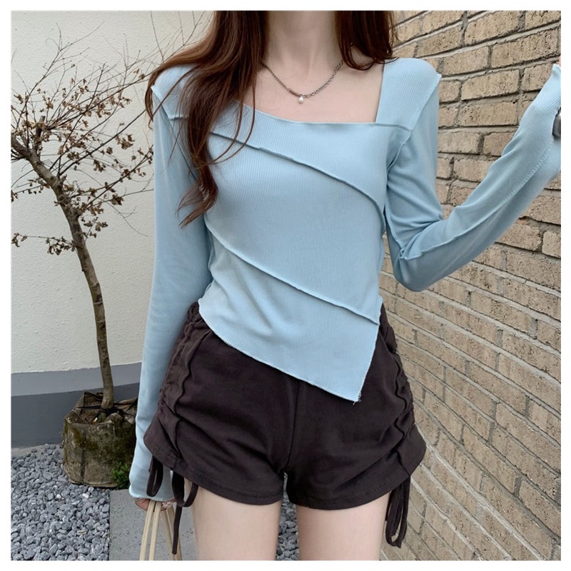 WANG JIAO ZHAN Áo Thun Tay Dài Cổ Vuông Màu Trơn Dáng Ôm Thời Trang