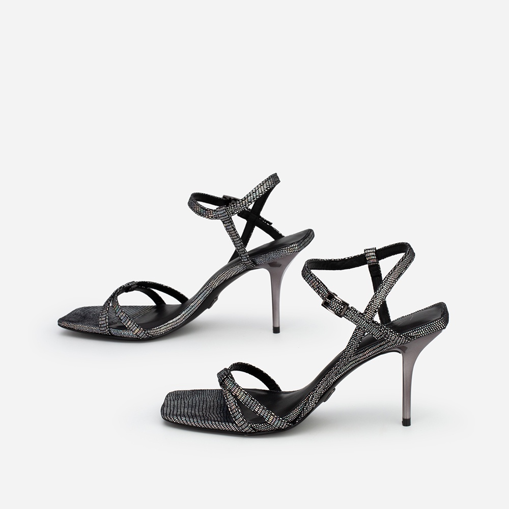 Vascara Giày Sandal Quai Mảnh Đan Nơ Vân Da Kỳ Đà SDN 0696 Xám Khỏi Đậm