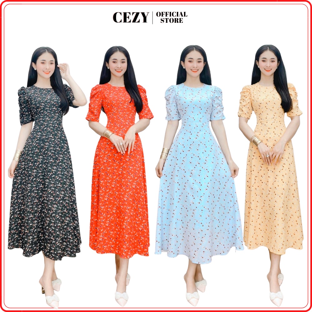 Đầm hoa nhí cổ tròn tay phồng dáng xòe dài có size bigsize CEZY D81