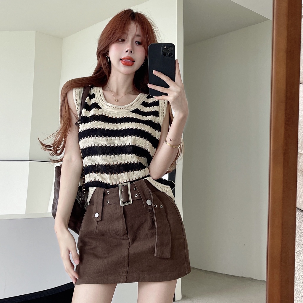 Porozi  Áo dệt kim không tay/ đầm  dáng rộng họa tiết kẻ sọc thời trang Hàn Quốc cho nữ