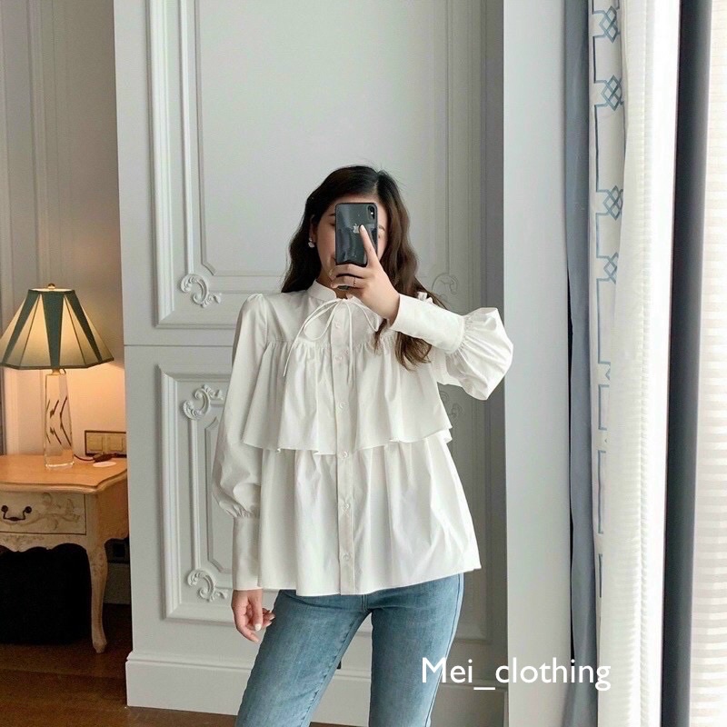 [Ảnh thật/sẵn] Áo sơmi 2 tầng cột nơ cổ/ sơ mi nữ tay bồng