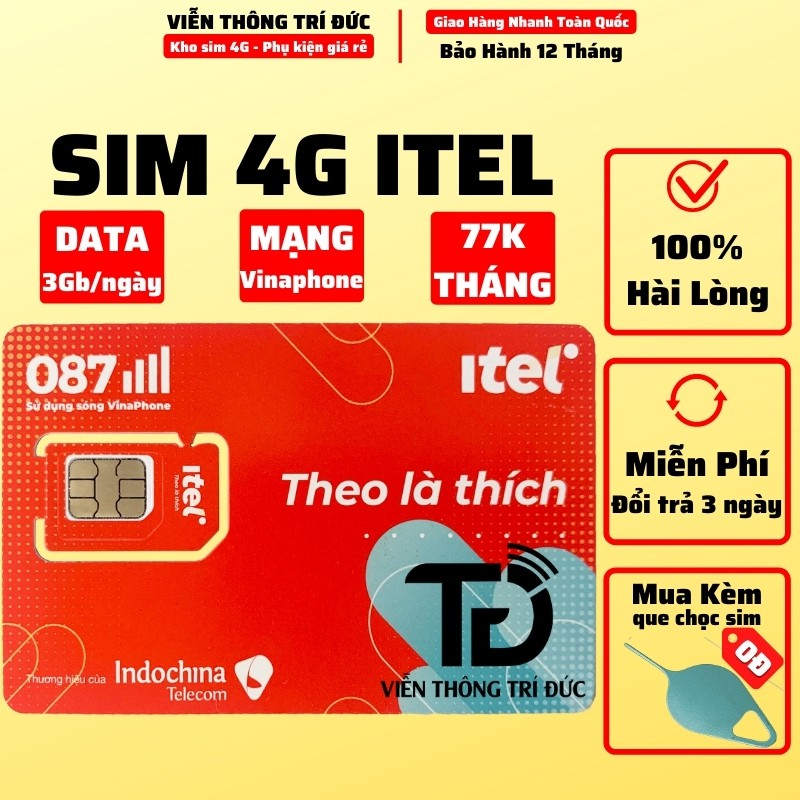 Sim 4G iTel Mạng Vinaphone Data 90Gb/Tháng, Gọi Miễn Phí VinaPhone, Free 60 tin nhắn, Ưu đãi khủng, Giá siêu rẻ