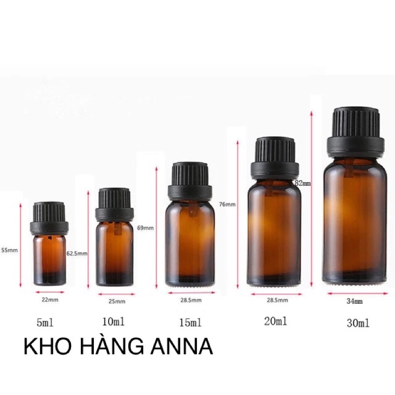 COMBO 5 Chai Thuỷ tinh nắp vặn có nút nhỏ giọt - Set 5 chai đựng tinh dầu 5ml/ 10ml/ 15ml/ 20ml/ 30ml/ 50ml/ 100ml Đen