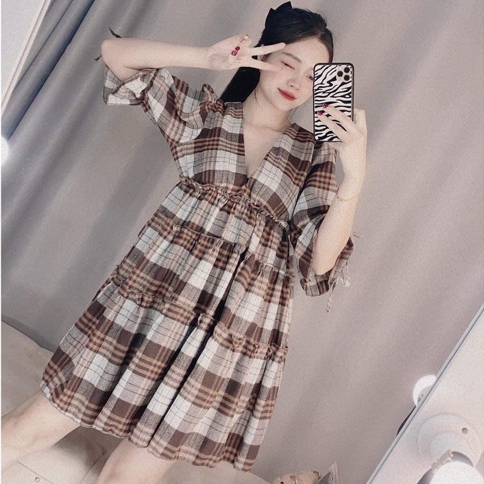 Váy babydoll caro nâu cổ V dáng xoè tiểu thư AH34 | BigBuy360 - bigbuy360.vn