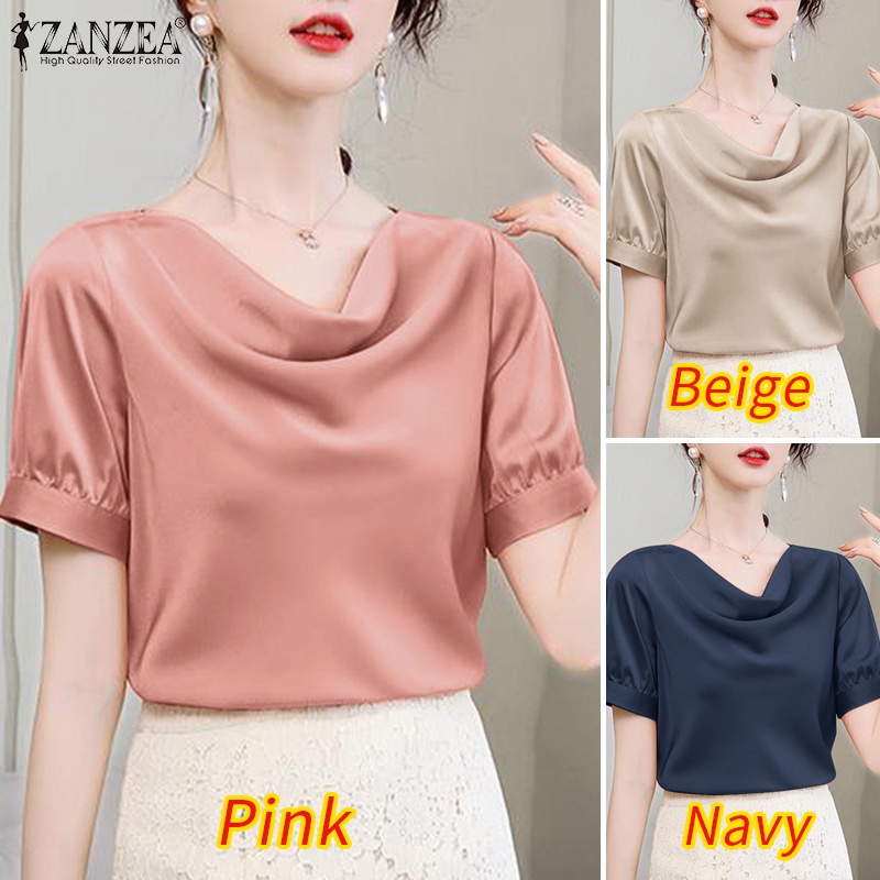 Áo sơ mi ZANZEA vải satin tay ngắn màu trơn thời trang cho nữ