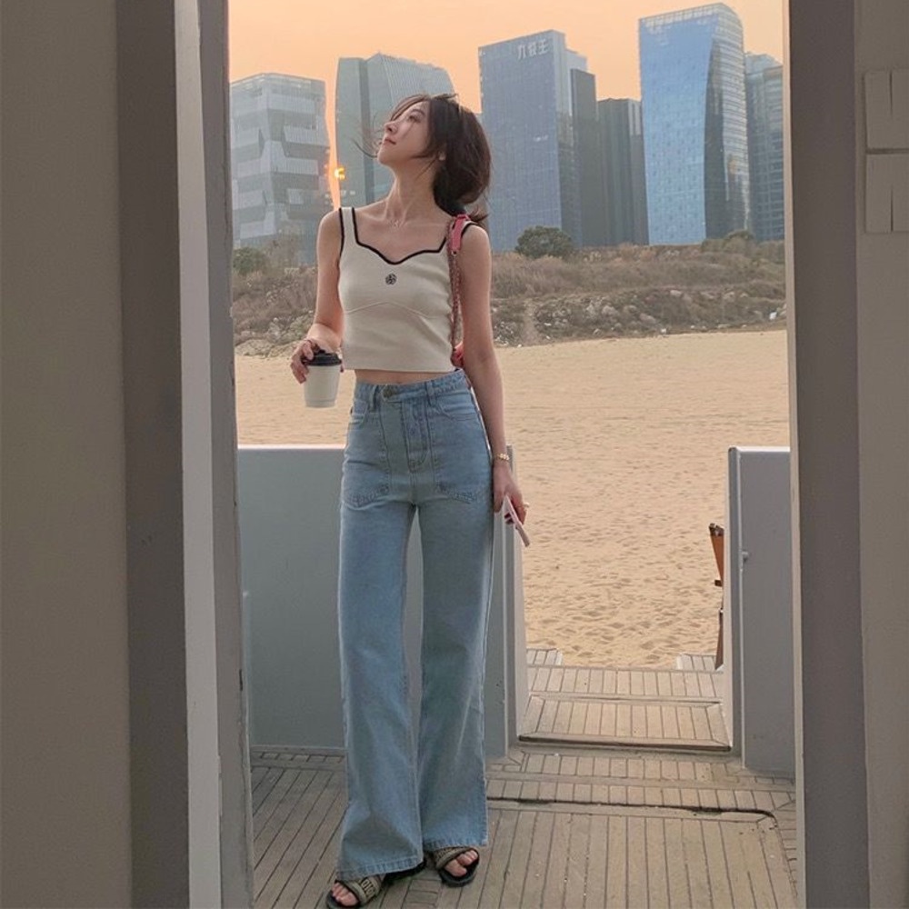 Áo dệt kim Pure Cube hai dây thêu họa tiết hoa trà xinh xắn thời trang cho nữ