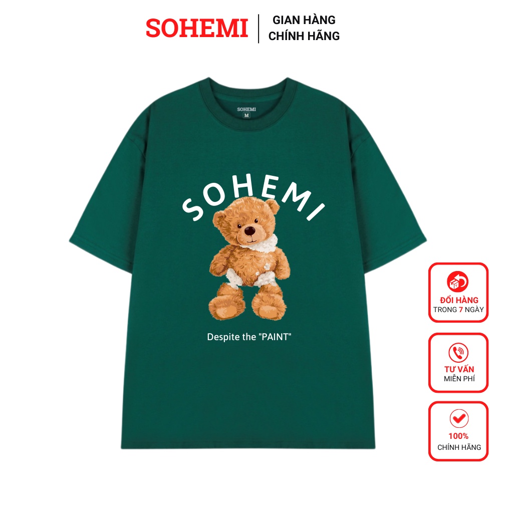 Áo thun SOHEMI form rộng tay lỡ 03 màu in hình gấu cotton 100% 4 chiều cao cấp