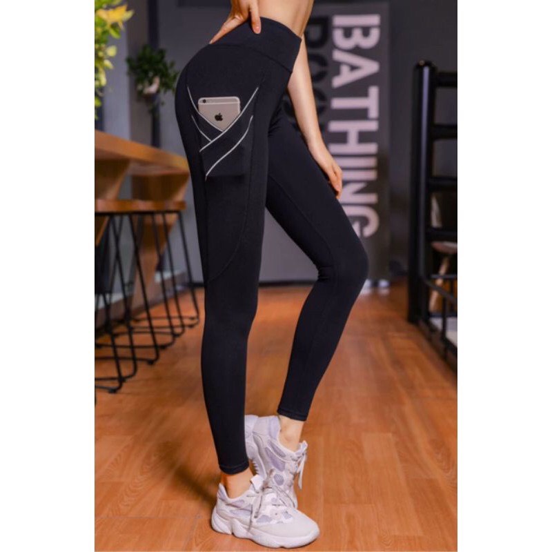 Quần Tập Gym Yoga Dài Phối Lưới Túi Nâng Mông, Quần Legging Thể Thao Aerobic In Chữ Ba Màu [Ảnh Chụp Thật] - OQ067