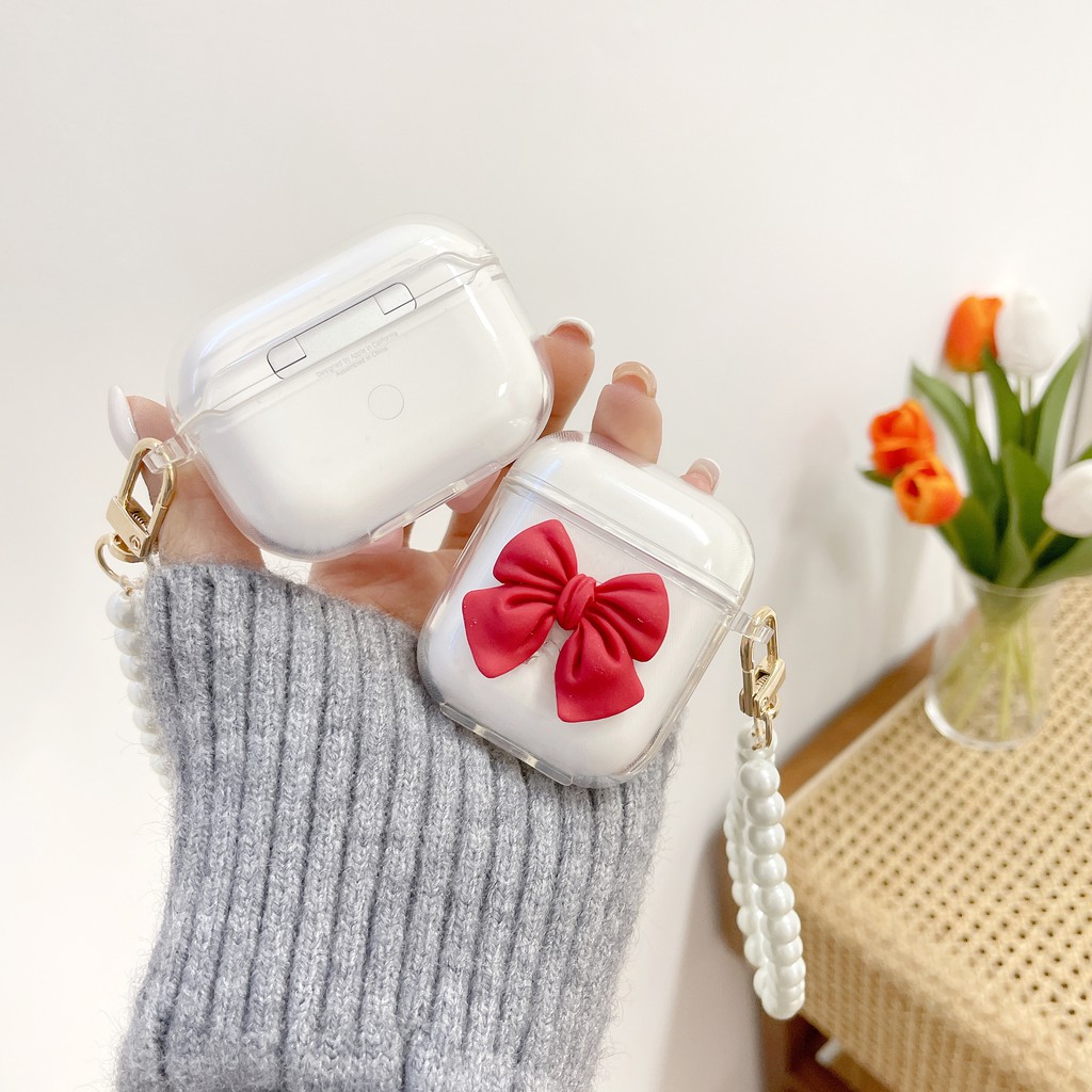 Vỏ Bảo Vệ Hộp Sạc Tai Nghe airpods 1 2 airpods pro 3 Không Dây Hình Nơ Ngọc Trai 3D Trong Suốt