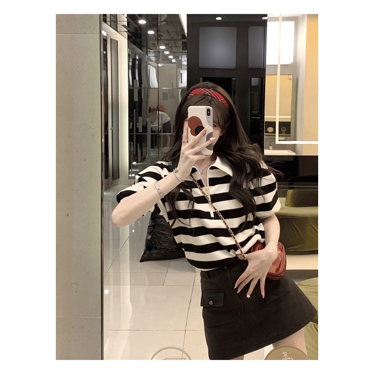621937#Áo Thun polo Ngắn Tay Dáng Rộng Họa Tiết Kẻ Sọc Trắng Đen Thời Trang Mùa Hè Cho Nữ
