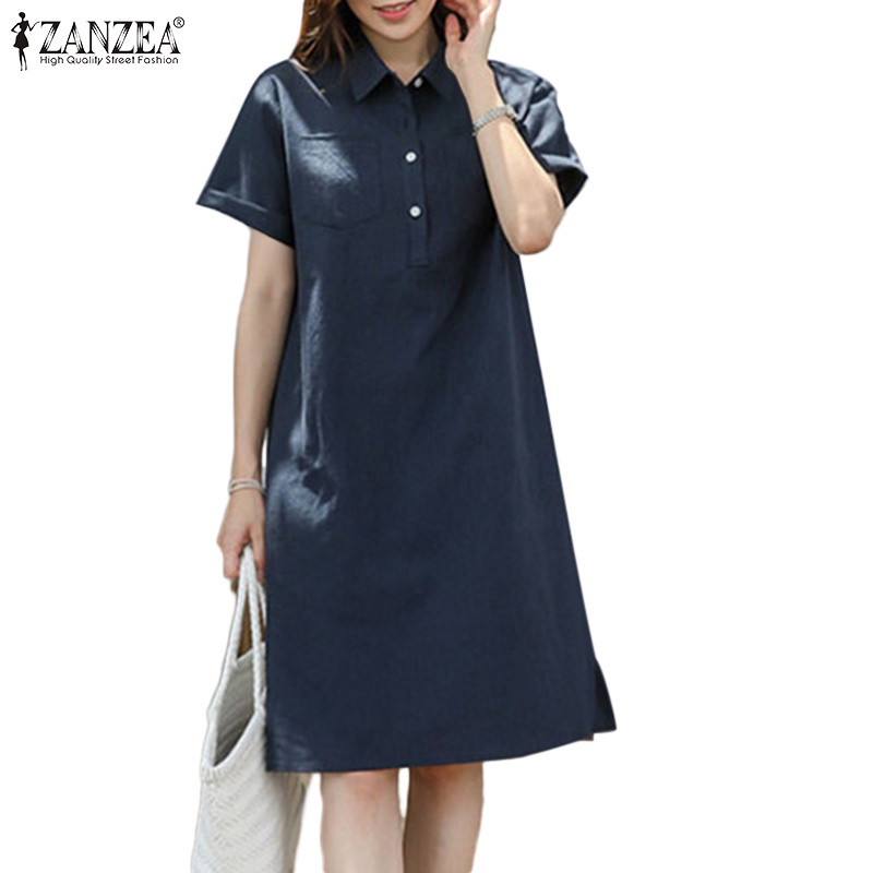 Đầm ZANZEA dáng rộng cổ bẻ ngắn tay thời trang cho nữ