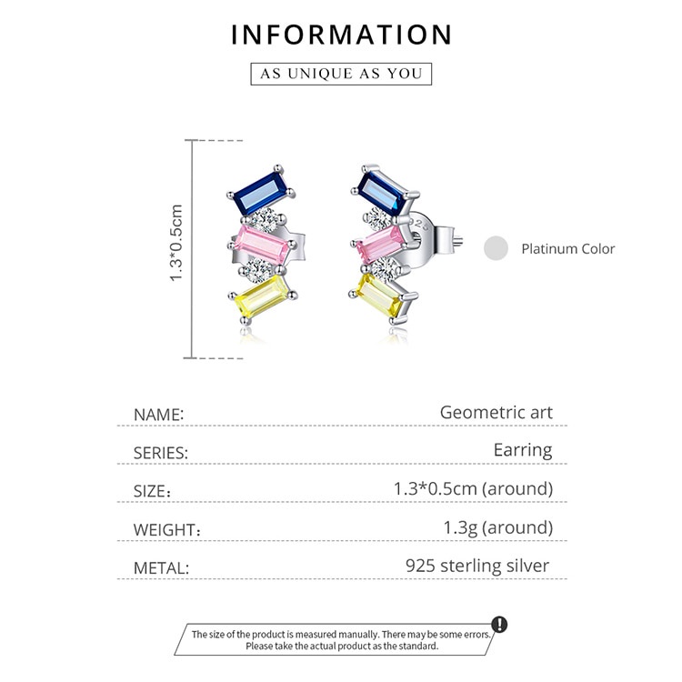 Đôi bông tai Bamoer SCE1208 bằng bạc 925 đính đá Zircon hình vuông nhiều màu chống dị ứng cho nữ