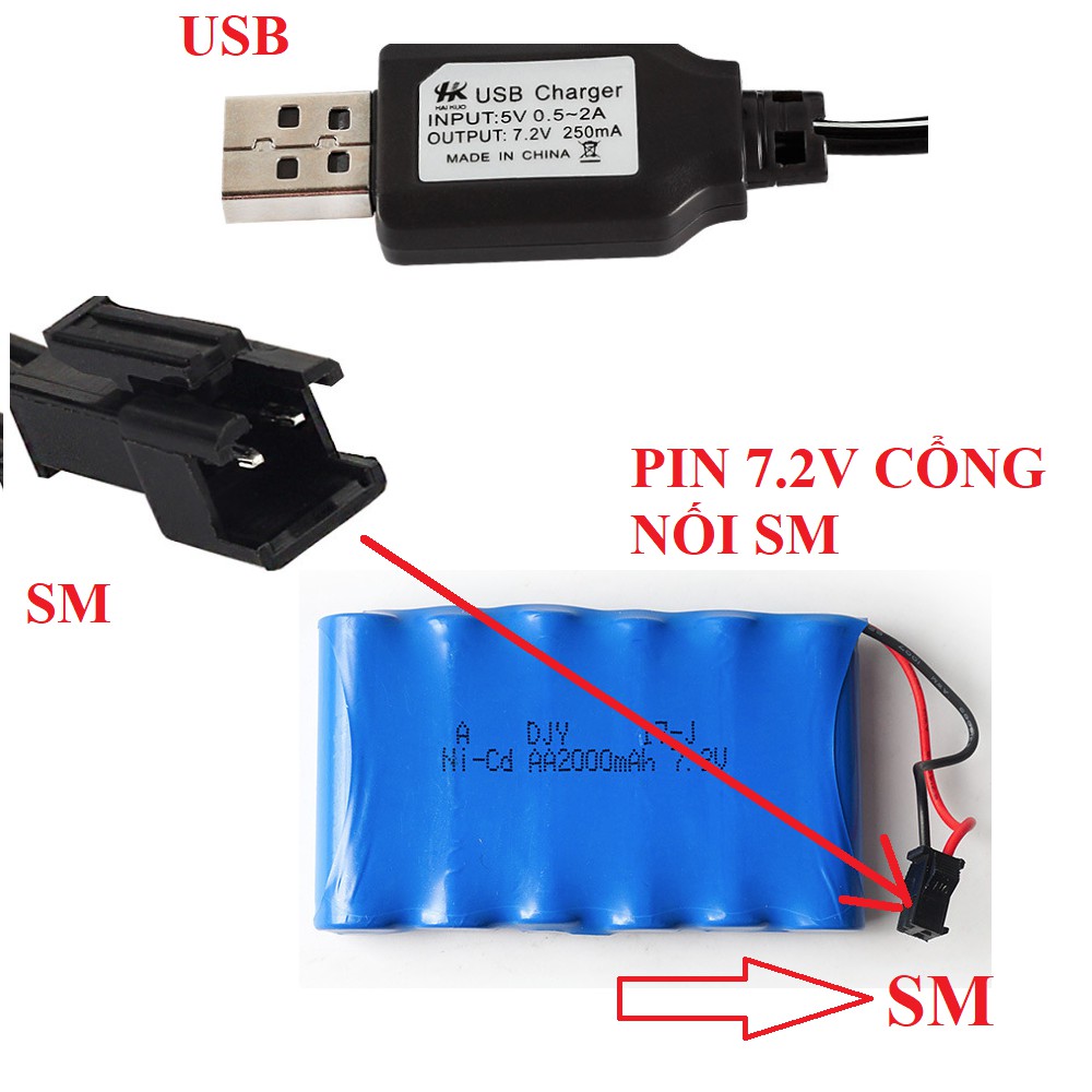Cáp sạc pin 7.2v cổng vào USB đầu ra SM dùng sạc pin điều khiển từ xa xe mô hình đồ chơi trẻ em