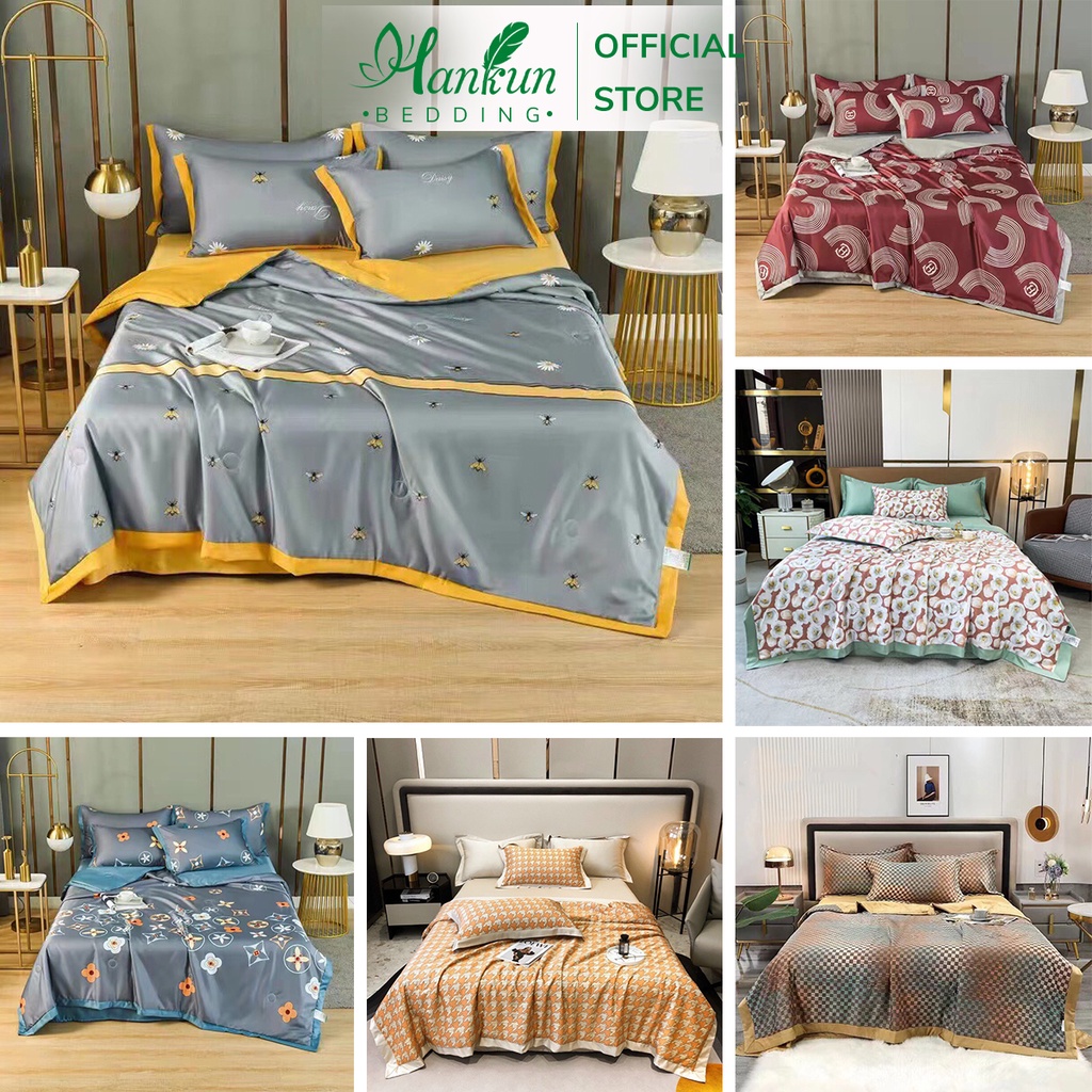 Chăn mền hè lụa thái tencel Hankun  bo viền chần bông kháng khuẩn siêu mát