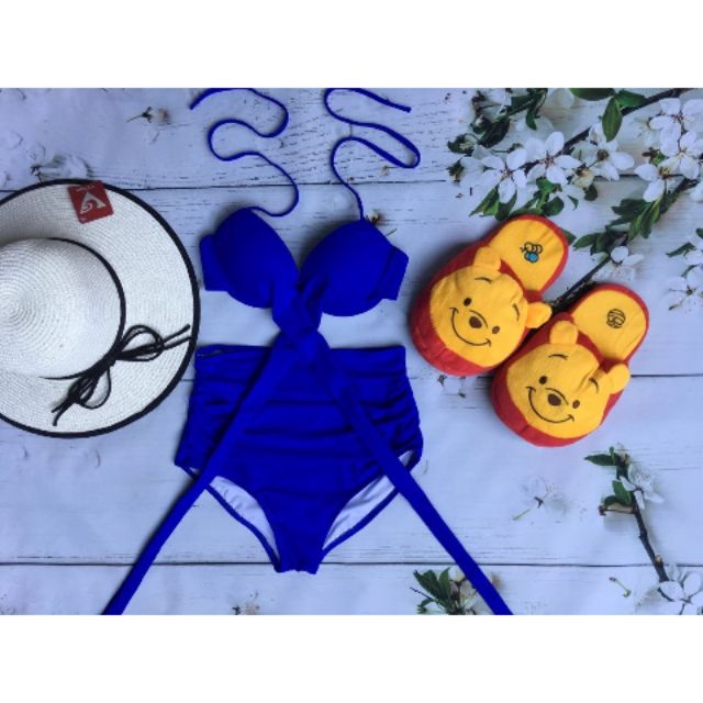 Bikini áo chéo quần cạp cao xanh coban