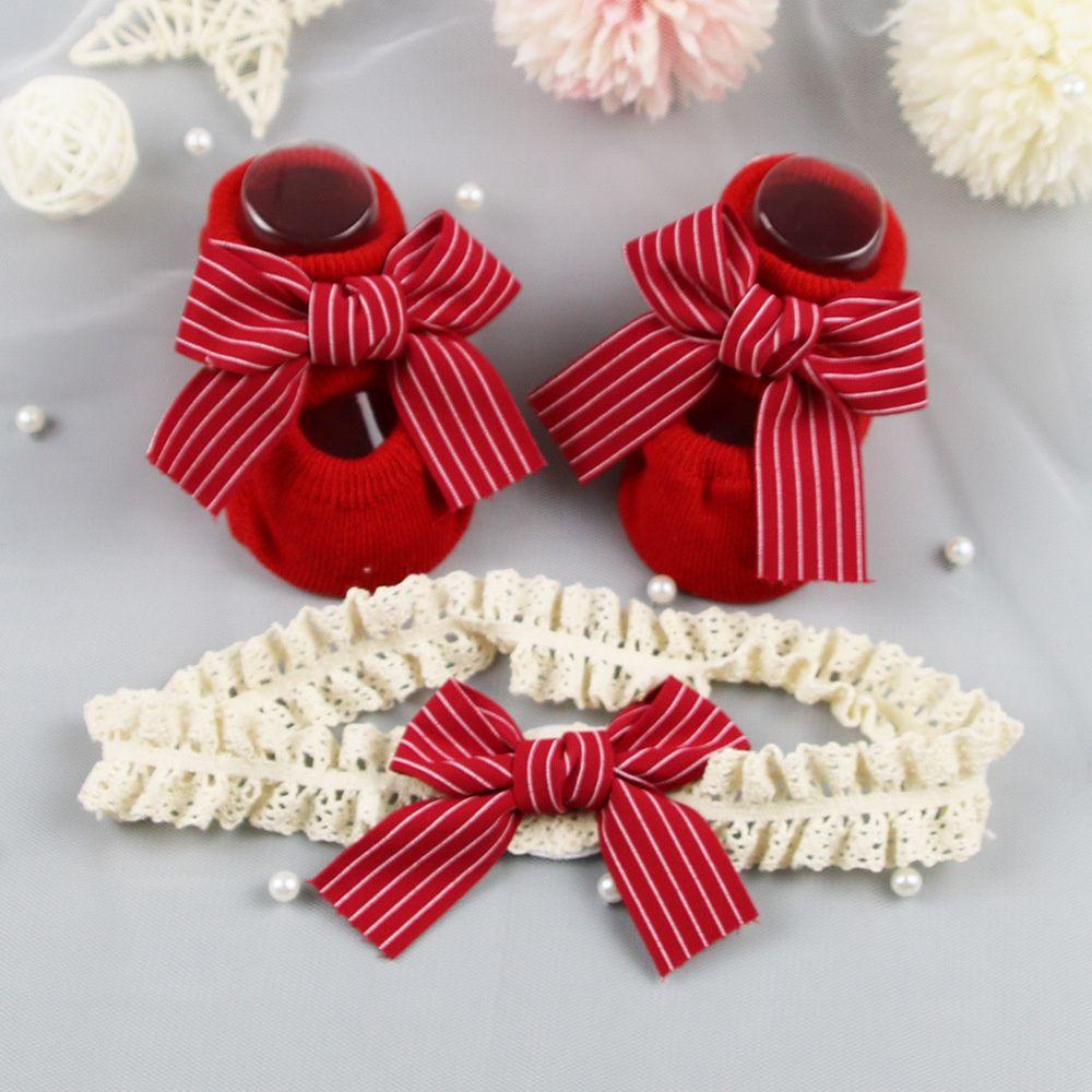 Bộ Vớ Cotton Mềm Mại Đính Nơ Đỏ Họa Tiết Trái Tim Dễ Thương Cho Bé Gái