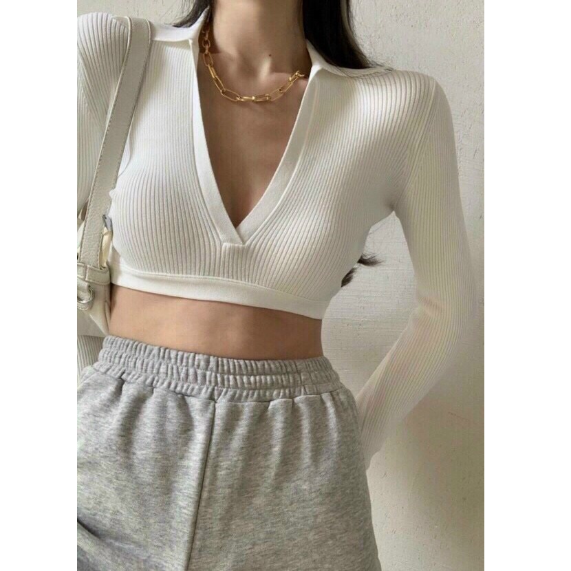 [Ảnh Thật] Áo Croptop Nữ Korea Cao Cấp Mềm Mịn Mát Cổ V Kiểu Tay Dài Ôm Body Thoải Mái Mới