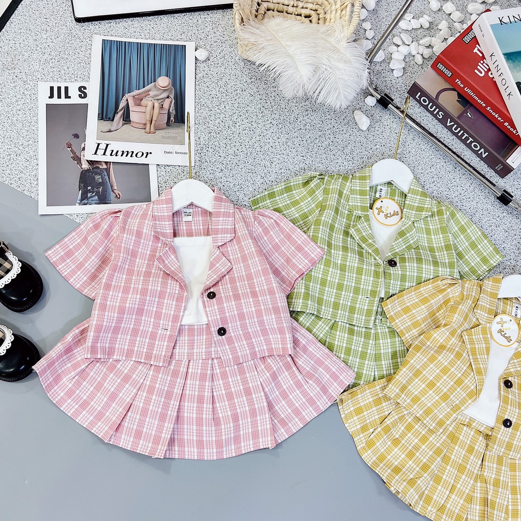 Set váy vest kẻ nhiều màu 3ct bé gái