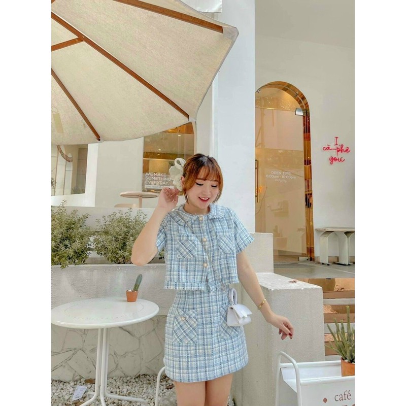 Set áo croptop dạ tưa lai + chân váy
