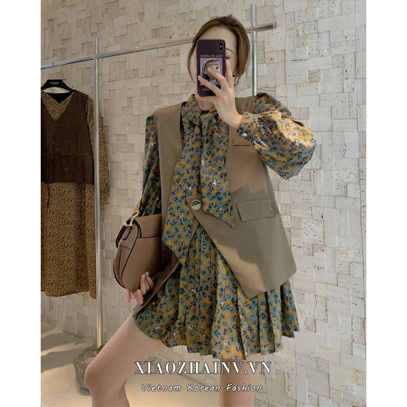 Đầm in hình hoa tay phồng dài / áo vest không tay dáng rộng kiểu Hàn Quốc xinh xắn Xiaozhainv