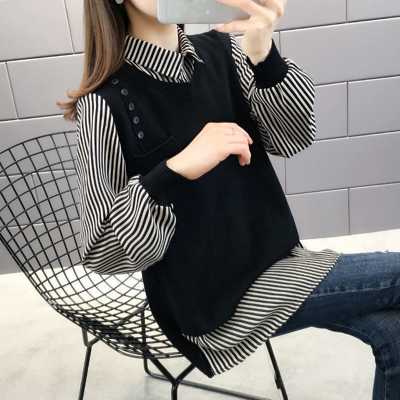 Áo Khoác Sweater Giả Hai Mảnh Dáng Rộng Thời Trang Mùa Đông 2022 Cho Nữ