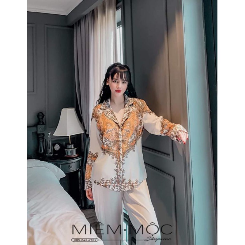 Bộ đồ ngủ mặc nhà Vic's dài tay lụa satin kiểu pijama hoạt tiết sang trọng L222